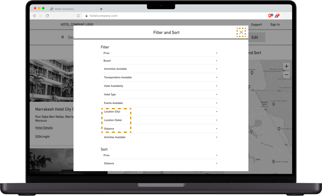 A screenshot of the existing site's filter modal open. A list of filters is visible, but the user has to open every section to view the filters. From top to bottom, they are: price, brand, amenities available, transportation available, hotel availability, hotel type, events available, location (city), location (state), distance, activities available. Below that, a user can sort by price or distance.
