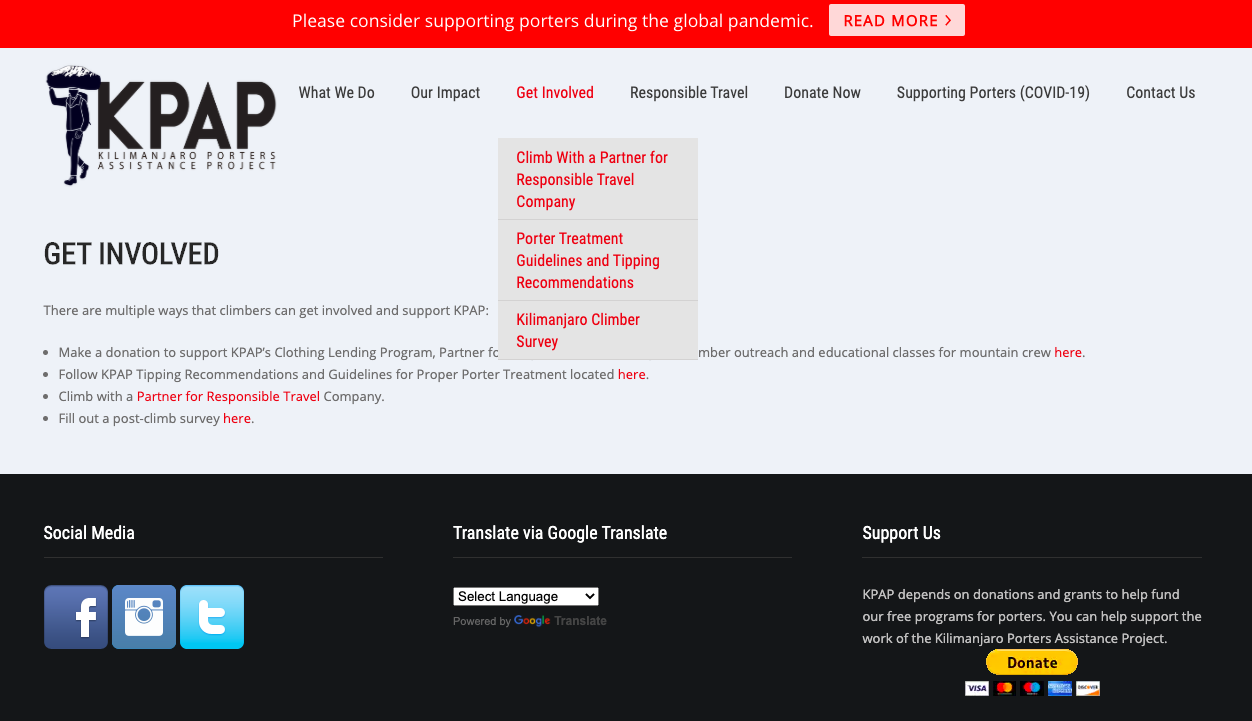 A screenshot of the existing Kilimanjaro Porters Assistance Project Get Involved page showing page structure