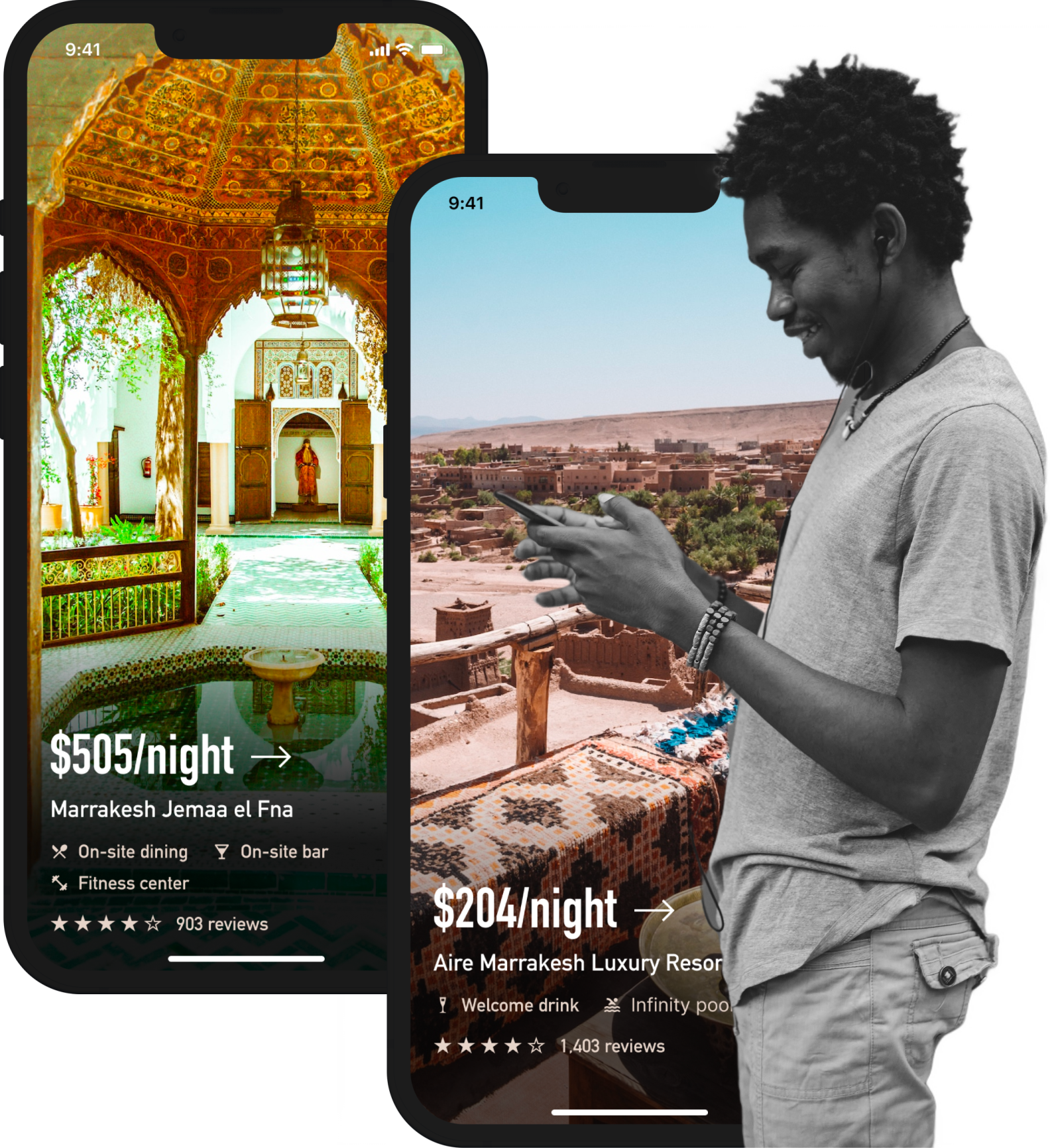 A collage of two mobile phones showing a hotel website, plus a young man on his phone.