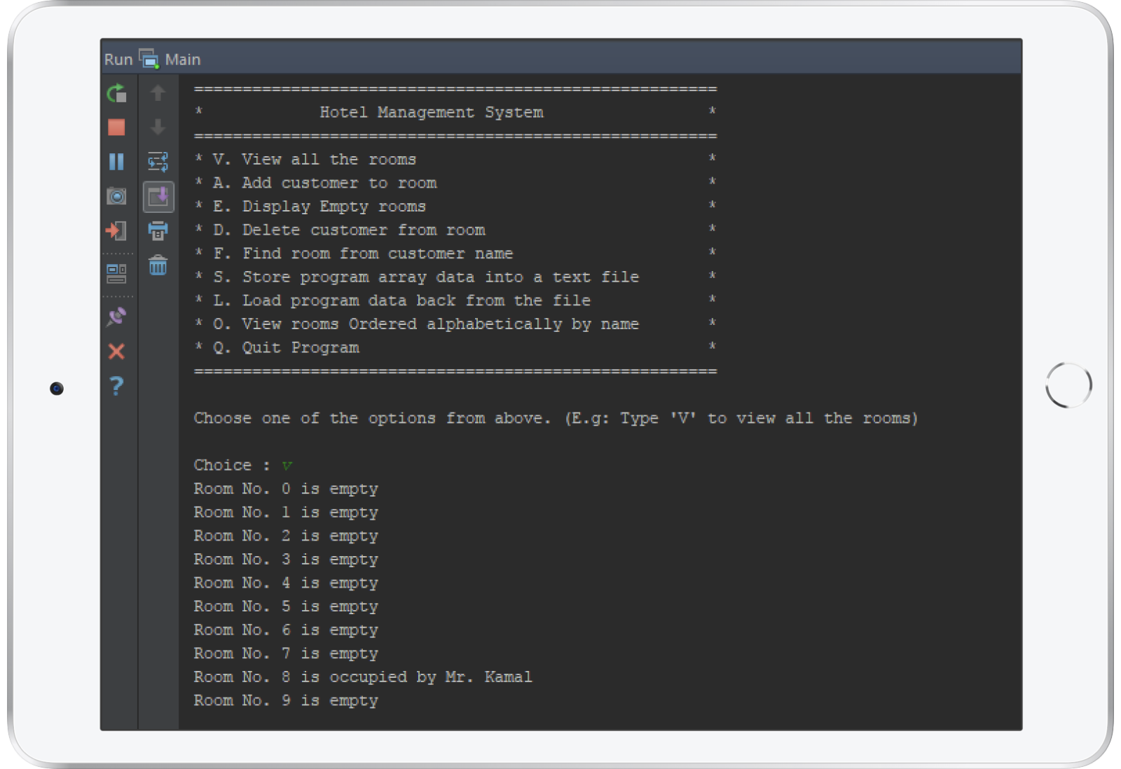 An iPad showing a command line interface for a hotel reservation system