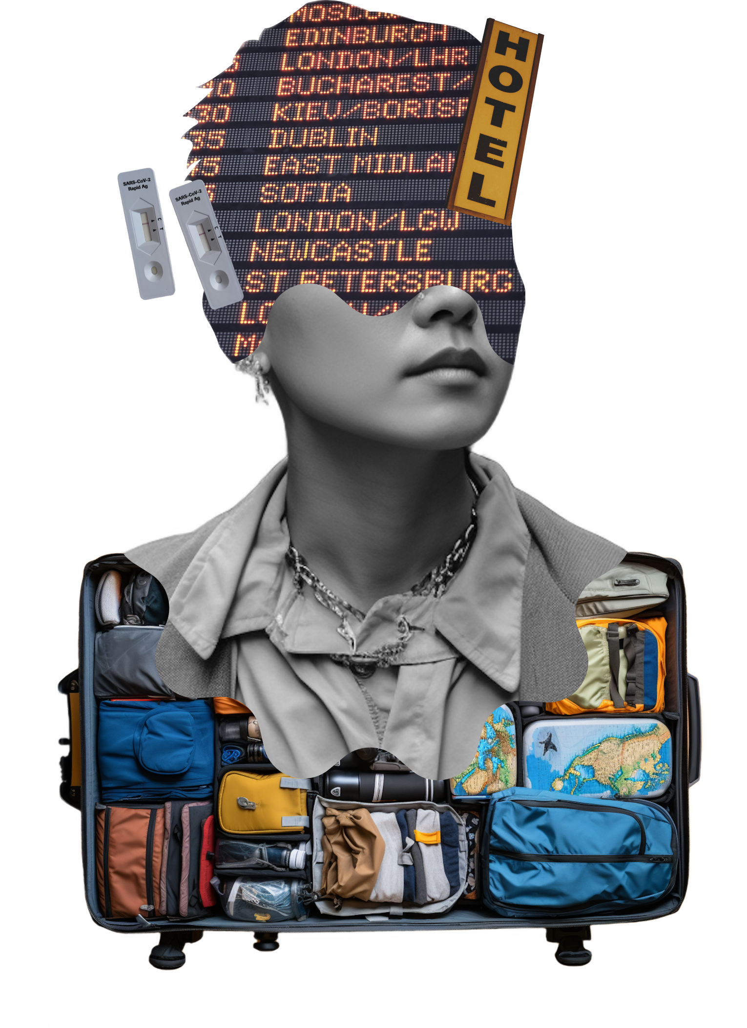 A collage of a woman's head sticking out of a suitcase making up her shoulders. Covid-19 tests, a train schedule board, and a hotel sign are nearby.
