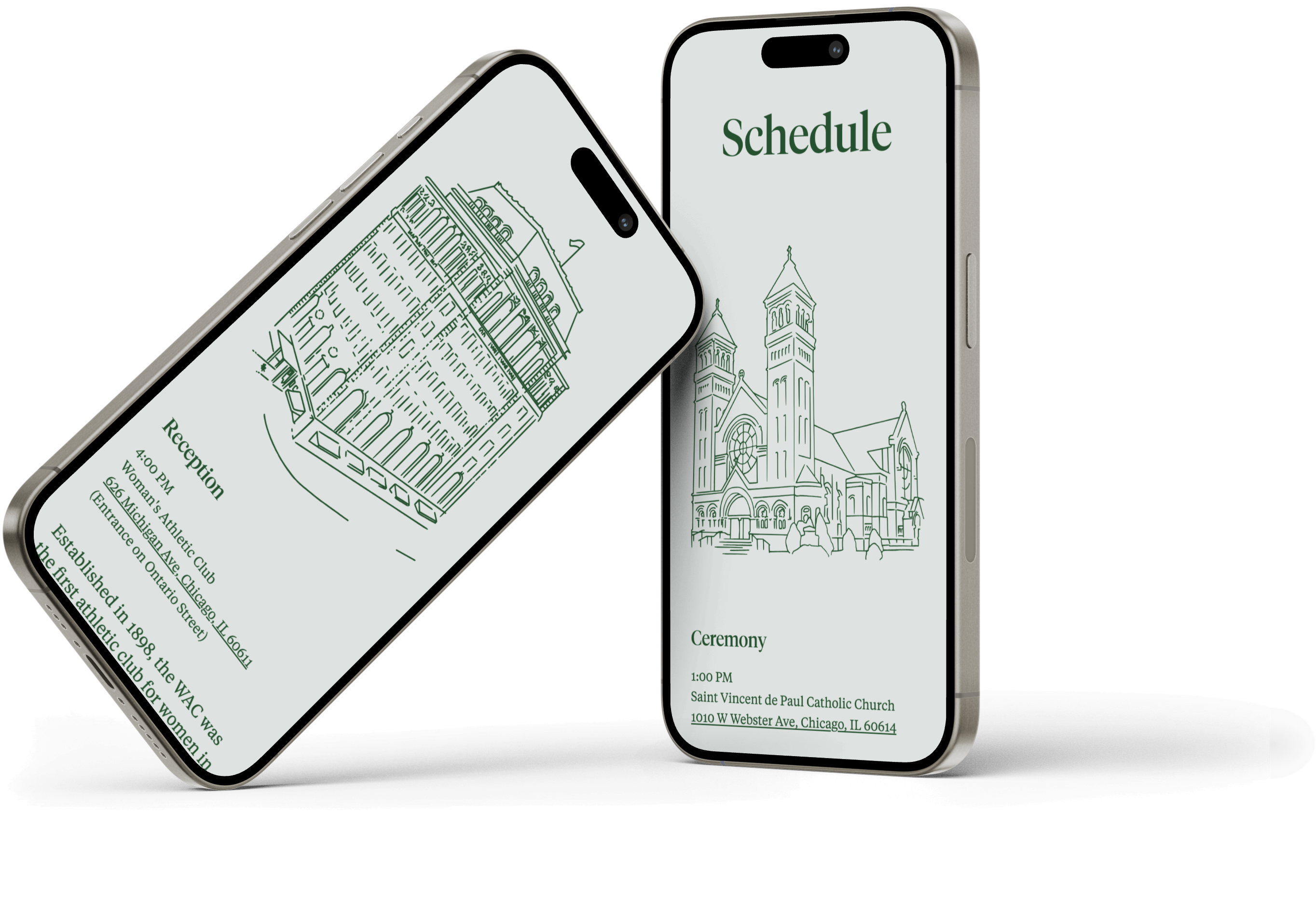 A mockup of two mobile phones showing the website. The screen shows architectural drawings and a header that says Schedule.