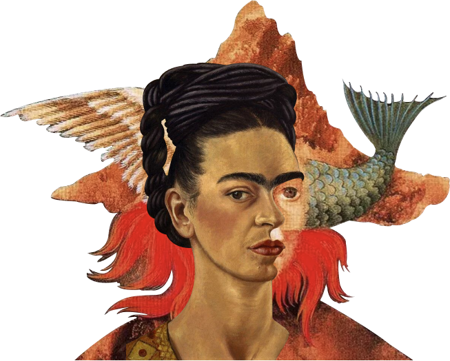 A collage of Remedios Varo's The World and Frida Kahlo's Self Portrait.