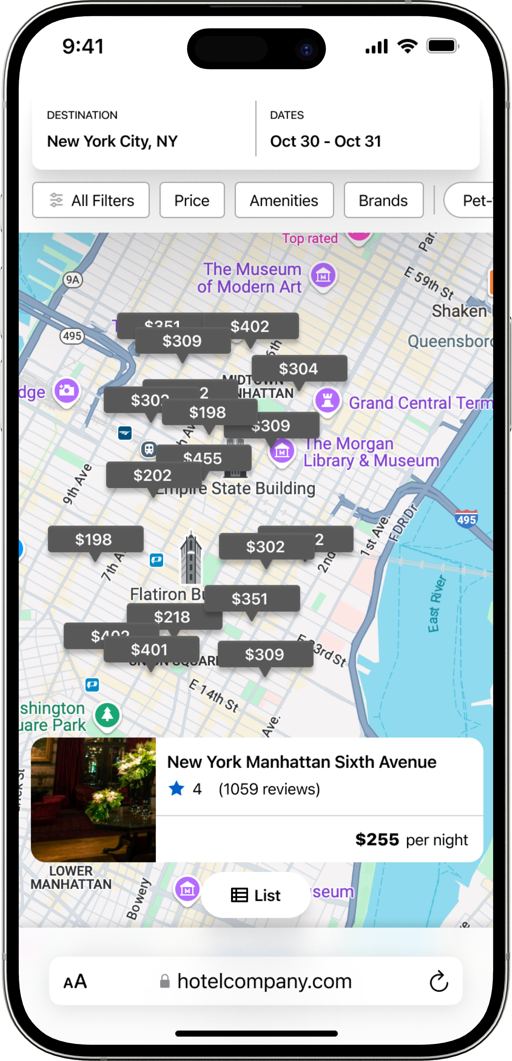 A mobile screen showing the new version of the map view search results.