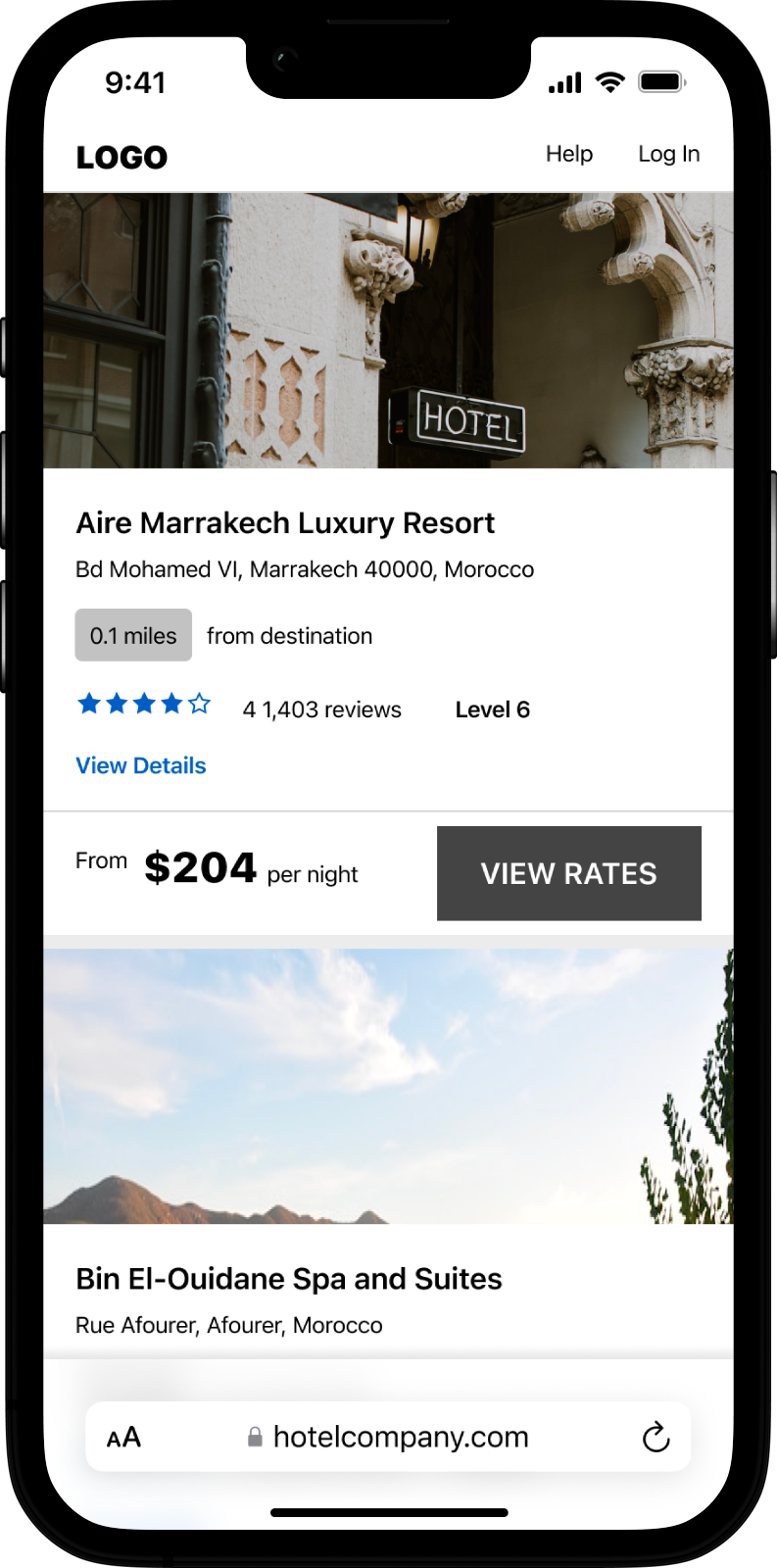 A mockup screen showing the current hotel search results card.