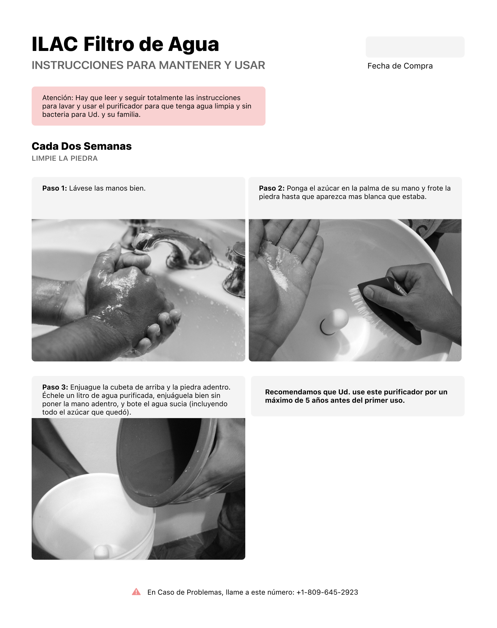 Sample cleaning and maintenance instructions for the ILAC water filter, featuring 3 steps with photos.