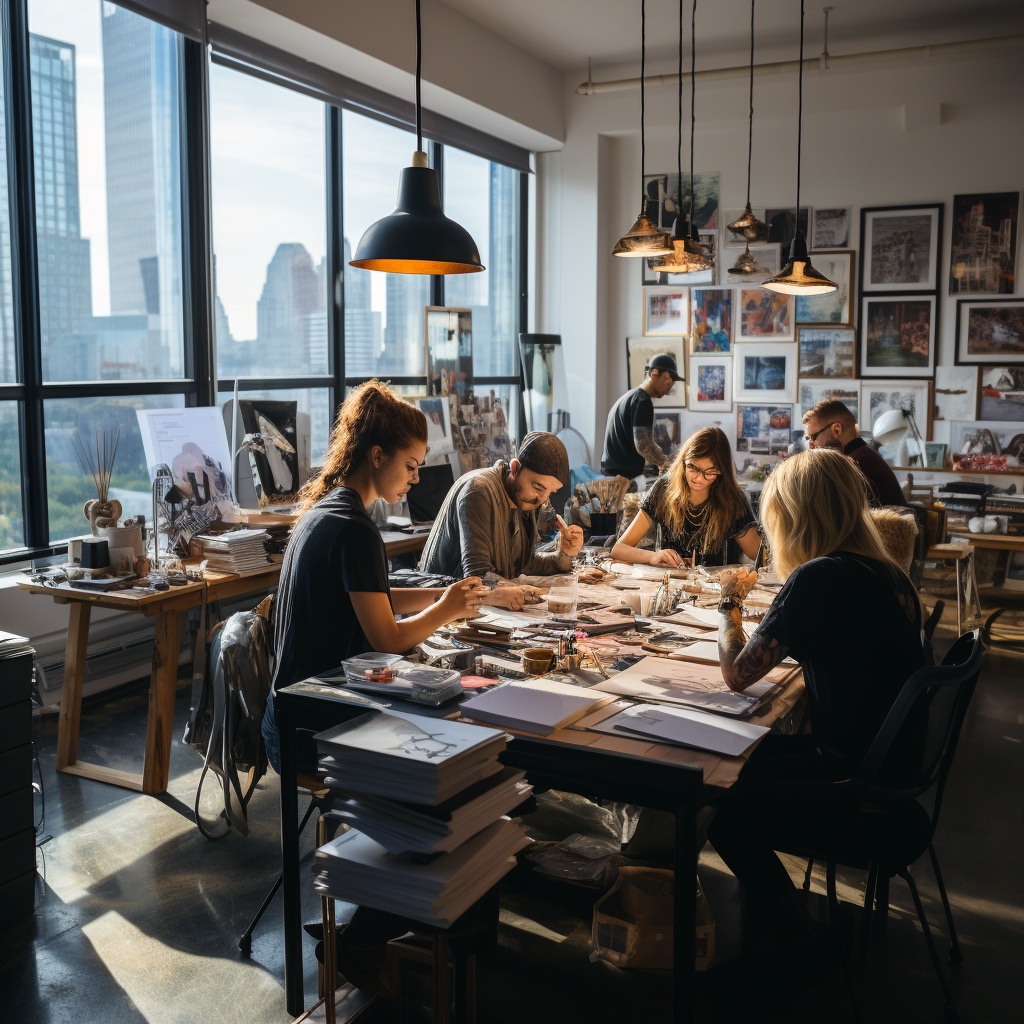 The image depicts a group of people engaged in creative work at a large table, illuminated by the warm glow of hanging pendant lamps. The interior suggests a workshop or studio environment with an industrial chic aesthetic, characterized by large windows that allow natural light to complement the interior lighting and offer a view of urban high-rises. The individuals are focused on their tasks, each handling what appear to be artistic materials or tools, contributing to a collaborative and productive atmosphere. The subjects, a mix of men and women, display a sense of casual professionalism, with some leaning into their work with earnest concentration, while others seem to be in discussion, possibly exchanging ideas or providing feedback. Among these participants are visible art prints, stacks of paper, books, and other creative paraphernalia that indicate a setting designed for art creation, curation, or review. Overall, the image captures a moment of creative collaboration within an urban workspace, radiating a sense of purpose and artistic endeavor. The room’s layout and the group’s engagement suggest that the space is designed to foster both individual focus and group interaction. The tone of the image, set by the natural and artificial light, creates a serene and inviting environment conducive to the creative process.