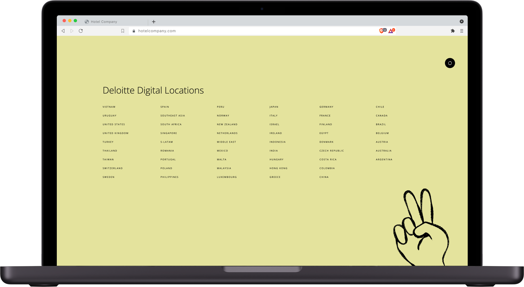 Screenshot of the locations list section of the website. Deloitte Digital locations is the header, on a light green background.