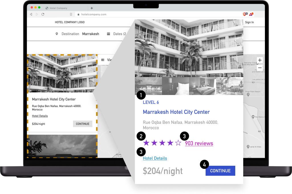 A screenshot of the existing card for each hotel search result. There is one large photo with four smaller ones below. There is text that says "Level 6", then the hotel name, then the address, star rating, number of reviews, a link to view details, price, and a continue button.