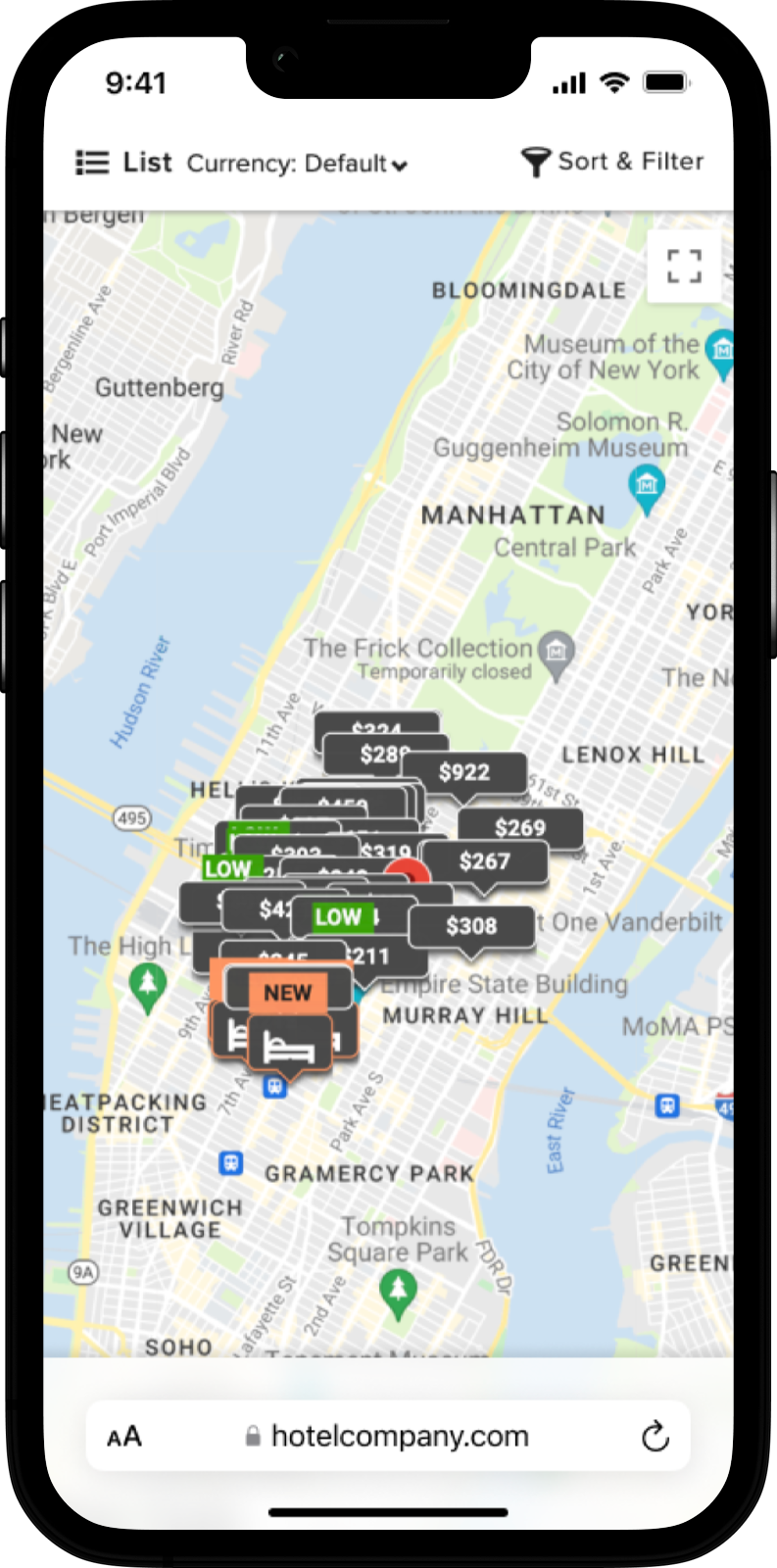 An image of the old design map view, searching for hotels in New York City. The results are clustered together, hard to see and hard to tap on.