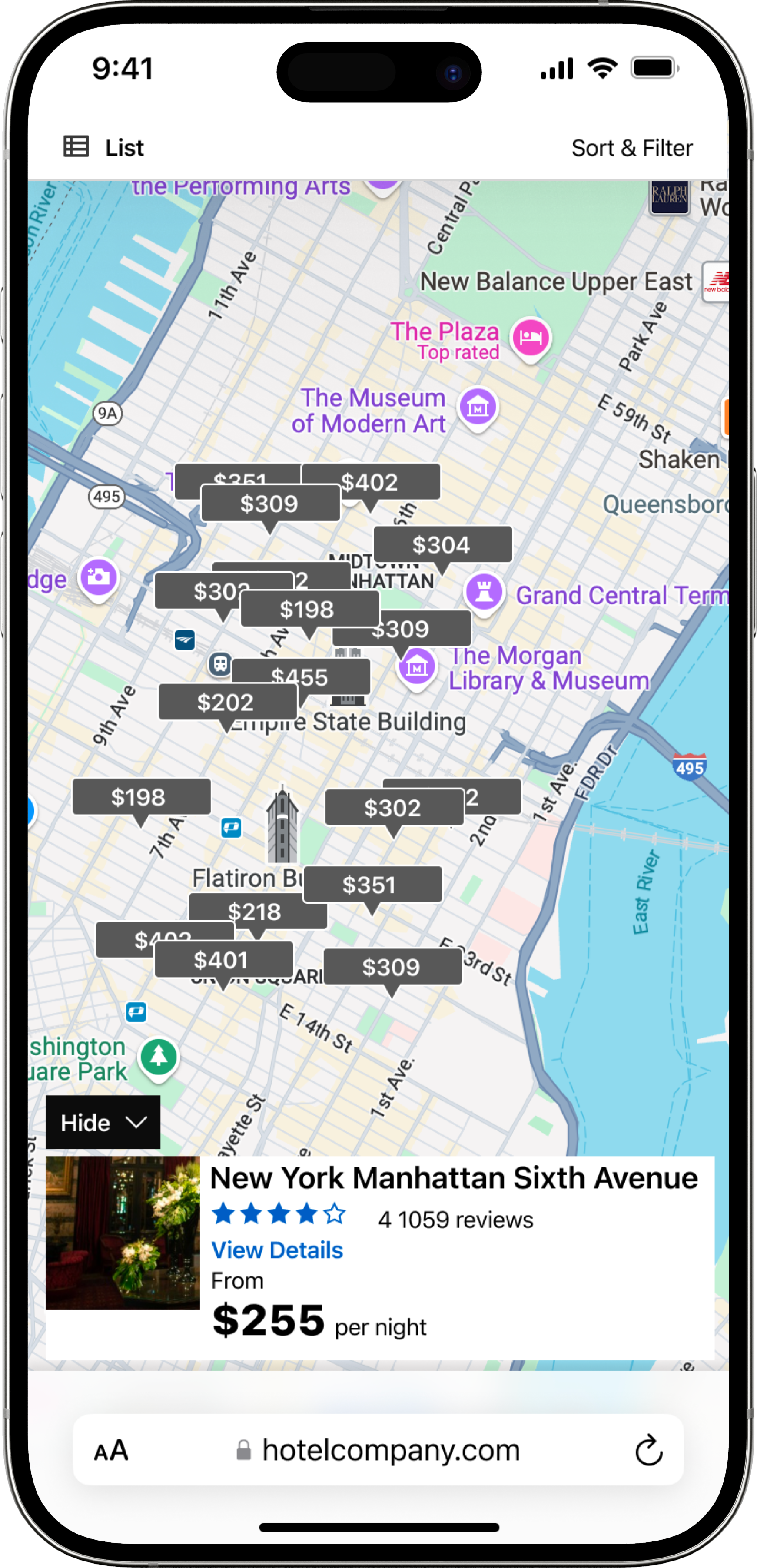 A mobile screen showing the old version of the map view search results.