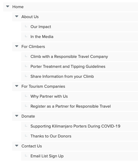 A screenshot of a proposed menu structure for the site. The main sections are: About Us, For Climbers, For Tourism Companies, Donate, and Contact Us.