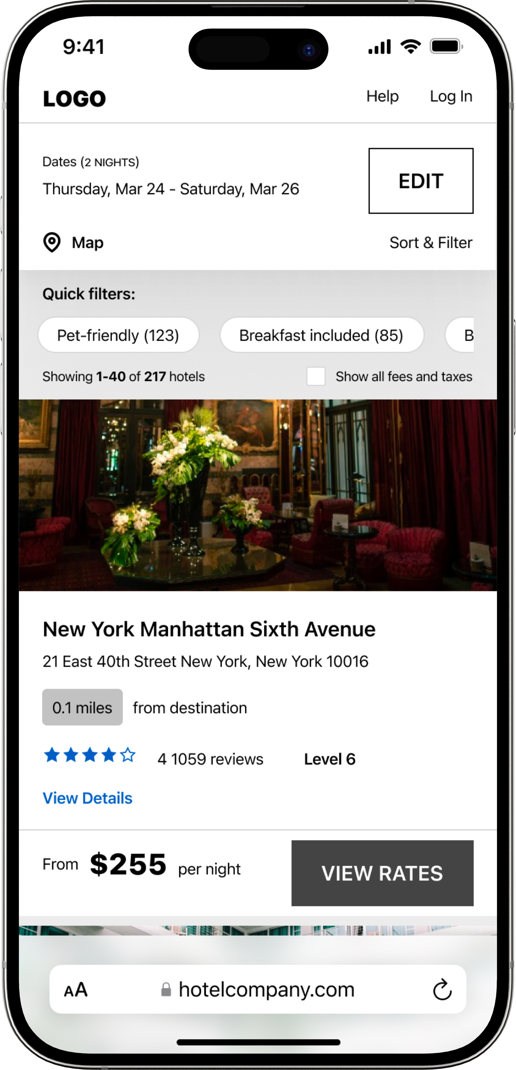 A mobile screen showing the old version of the list view search results.