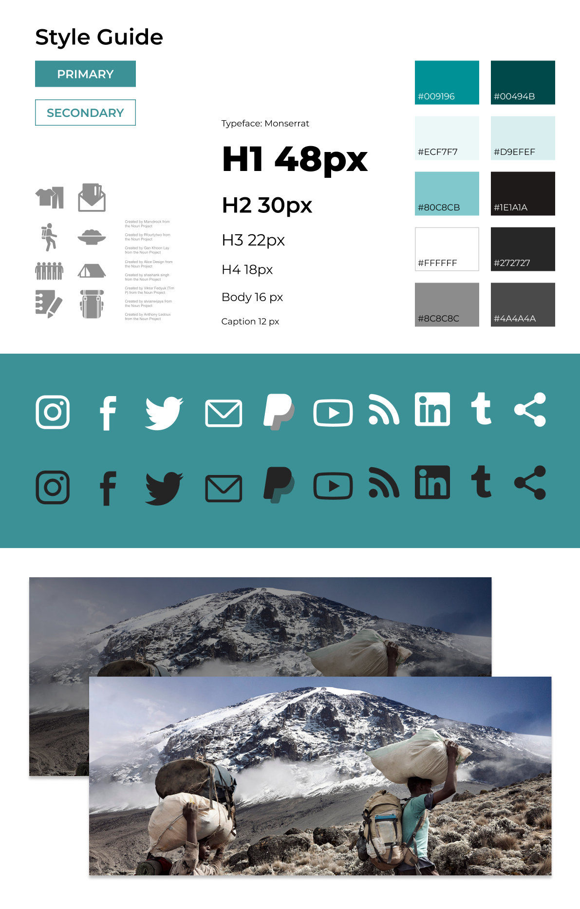 A screenshot of the simple style guide. It includes button styling, iconography, type scale and typography choice, colors, icons and imagery.