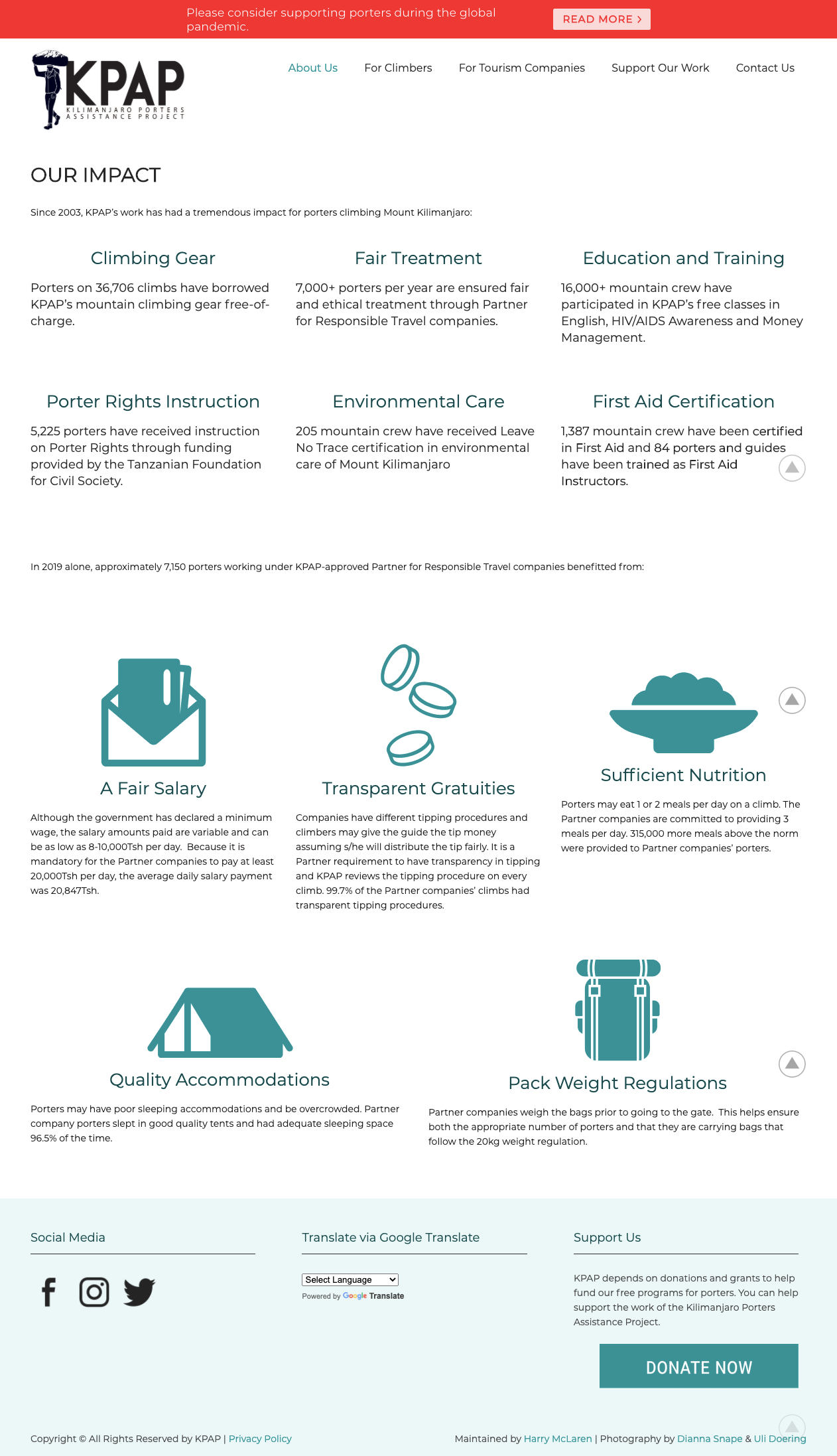 A screenshot of the next Impact webpage. Content is divided into sections with corresponding headers and iconography.