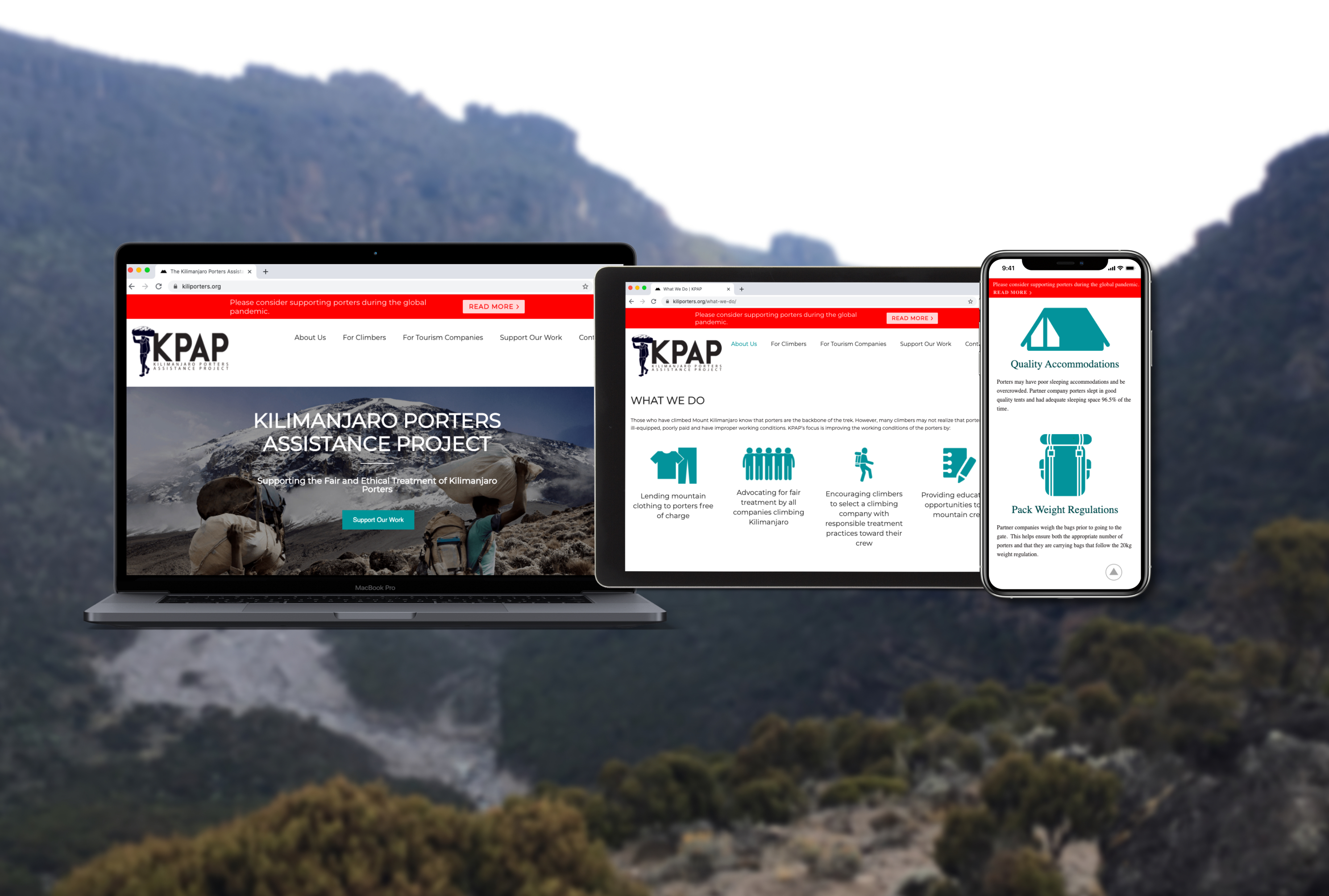 A screenshot of the new website on desktop, tablet, and mobile, superimposed over a view of the mountains.