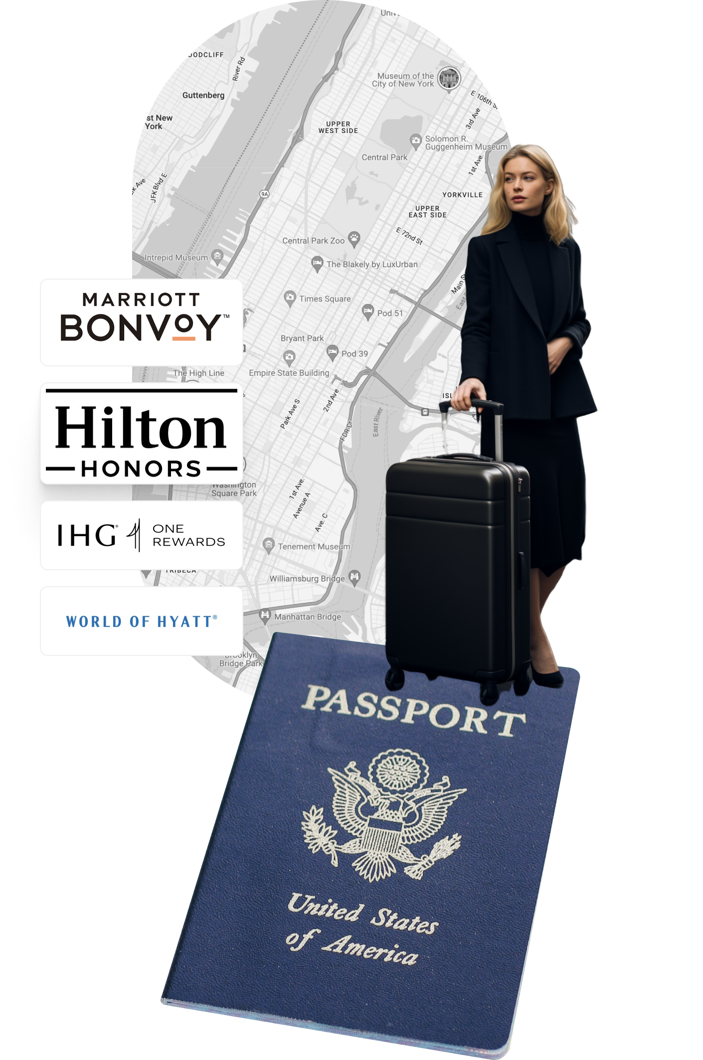 A collage of a woman with a suitcase, a passport, a map, and four hotel logos