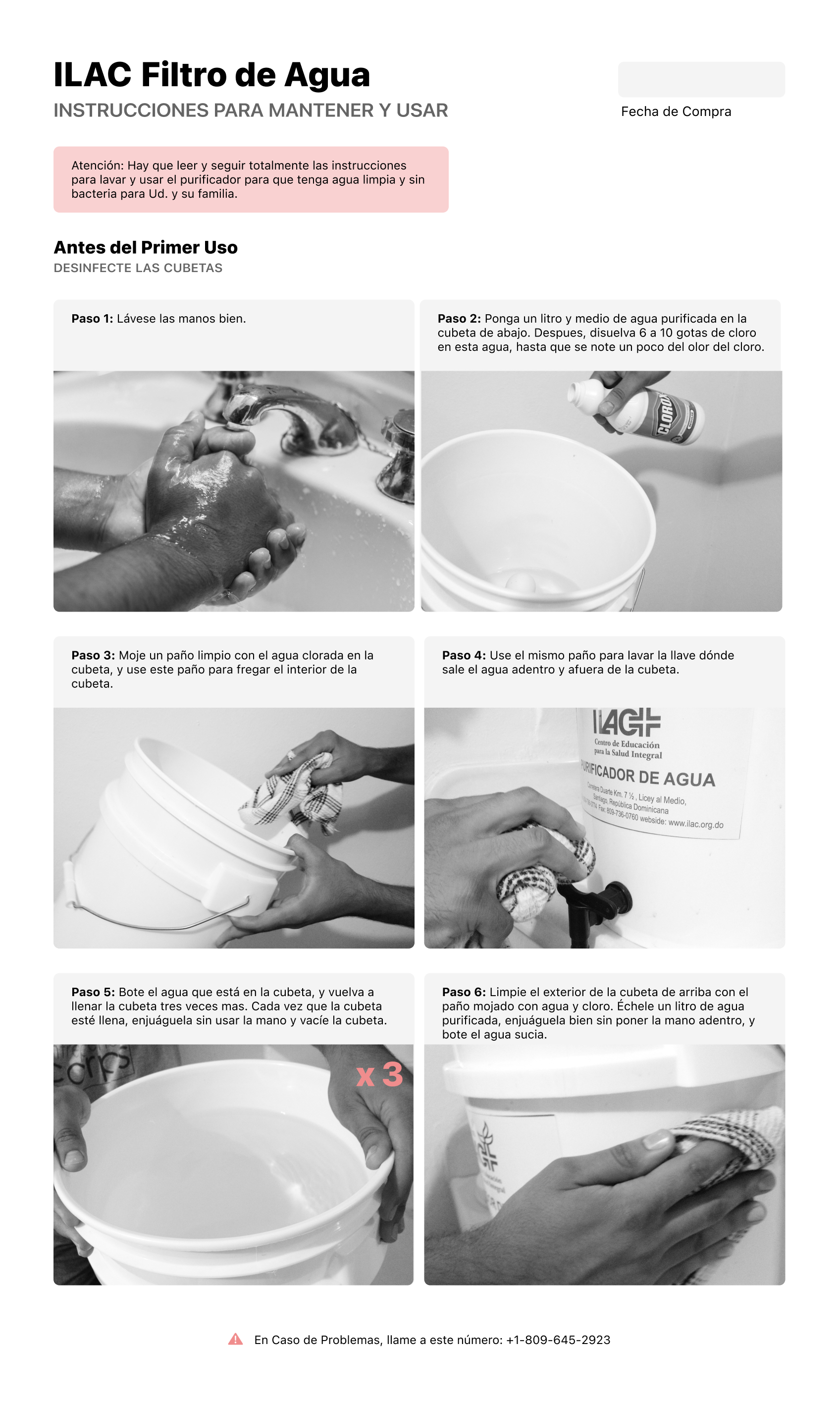 Sample cleaning and maintenance instructions for the ILAC water filter, featuring 6 steps with photos.
