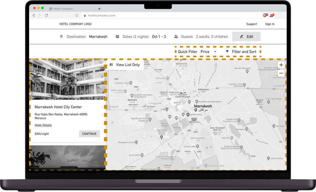 A screenshot of the existing site layout. A large header runs across the top, and a link to filter and sort results is below. On the bottom left are search results for the hotels, taking up about one-third of the screen. Taking up the other two-thirds of the screen is a map.