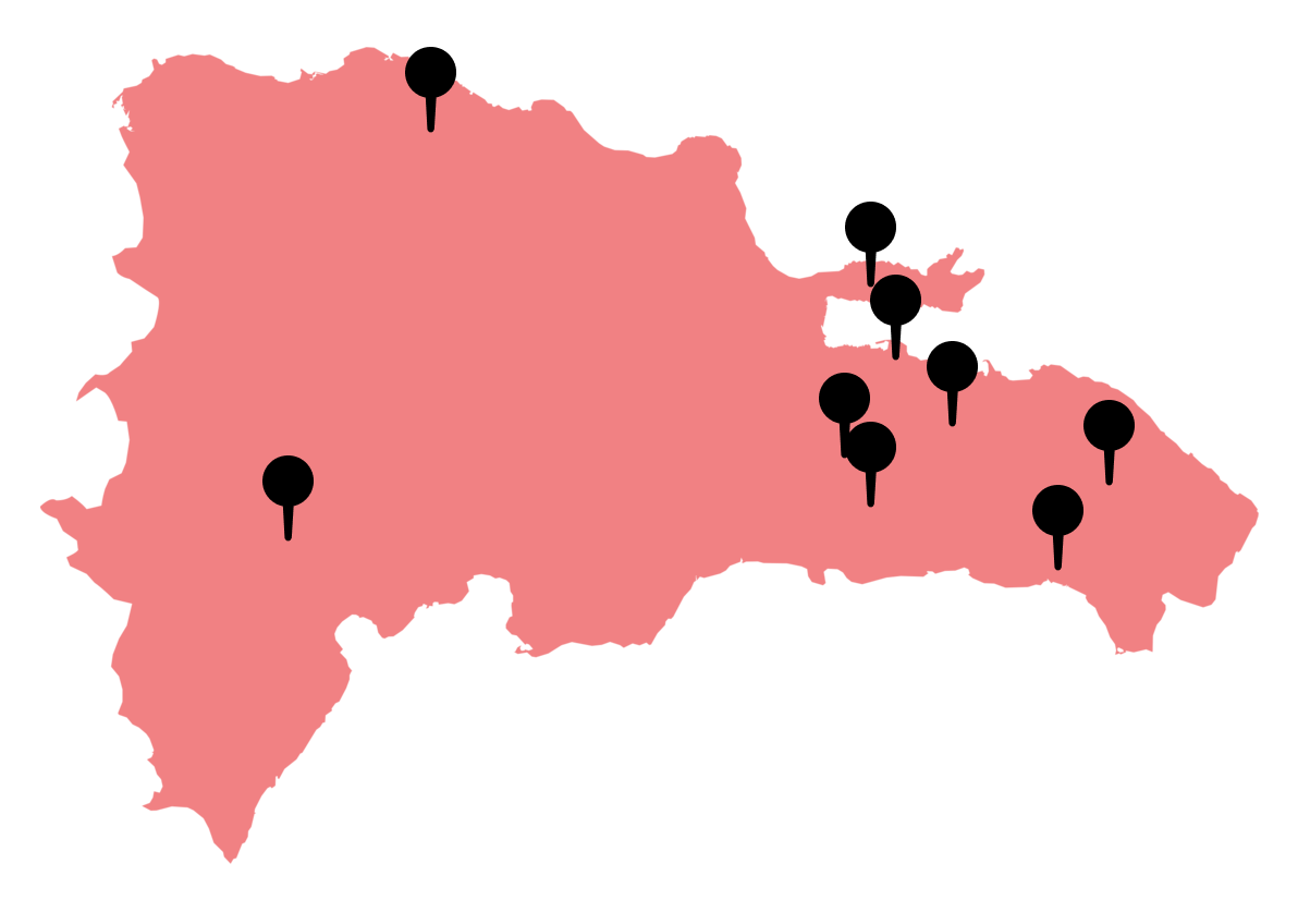 A map of the Dominican Republic, with 9 markers indicating locations primarily in the east end of the country.