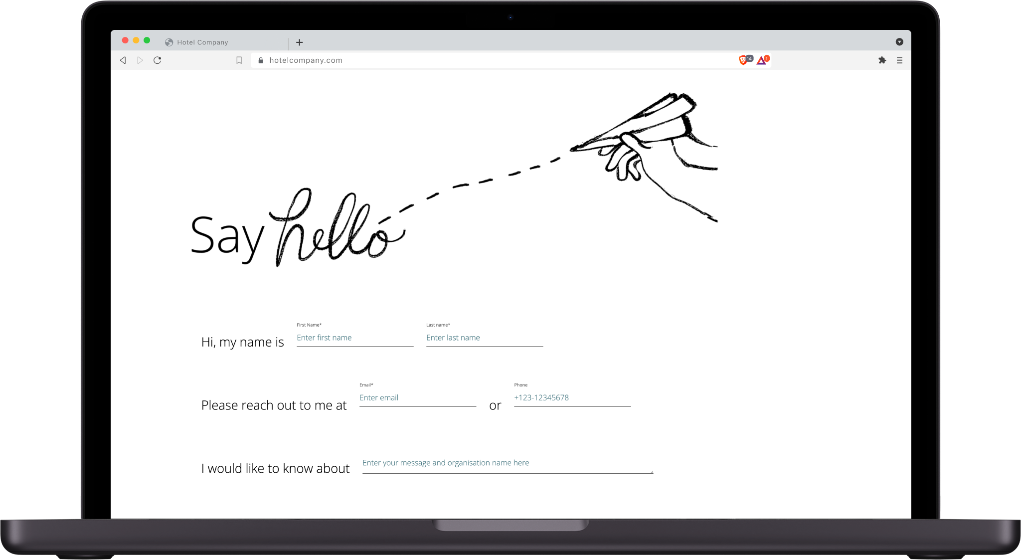 Screenshot of the contact form section of the website. Say hello is the header, with an illustration of a hand sending a paper airplane, on a white background.