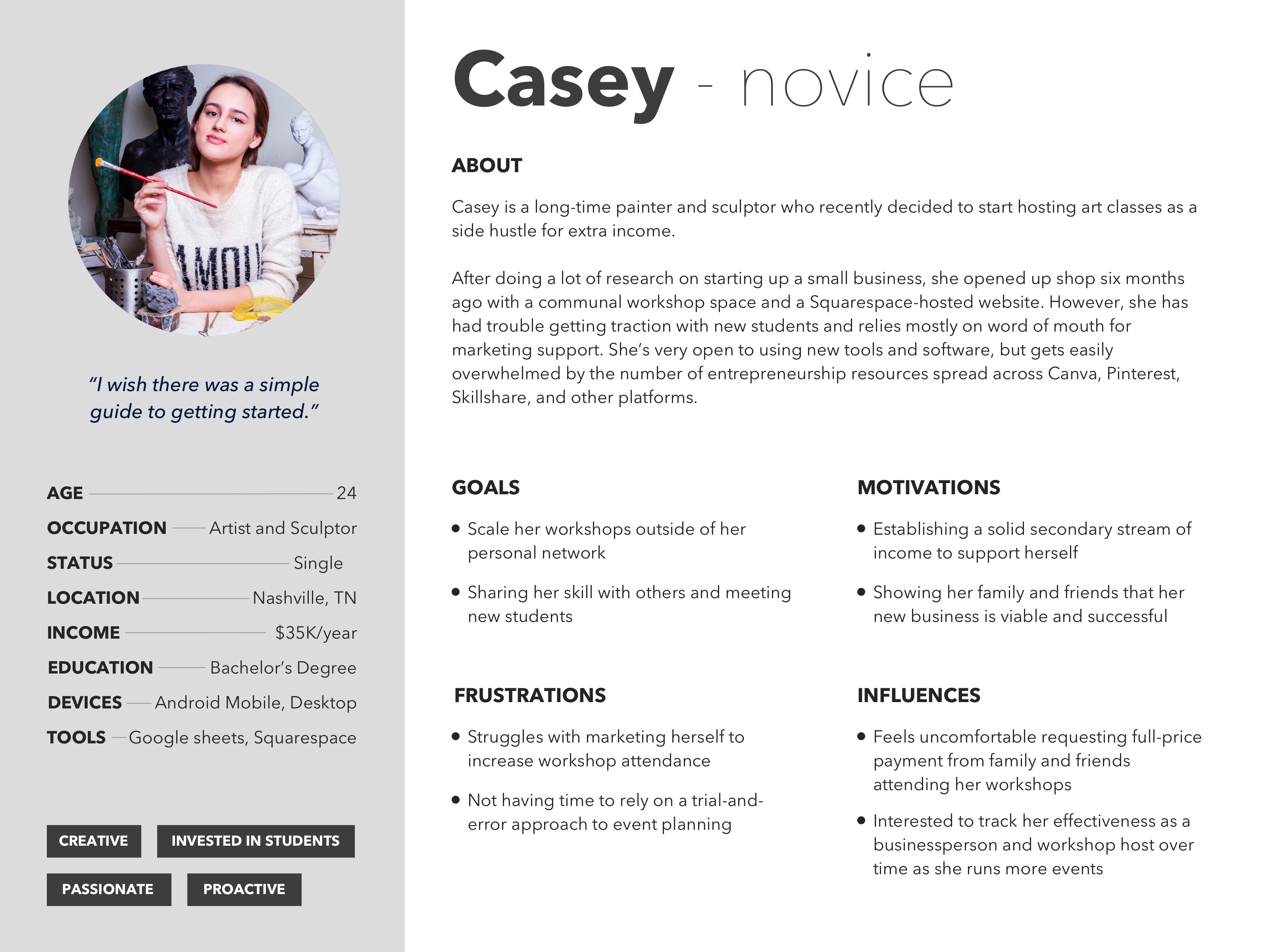 Persona card for Casey, a novice host