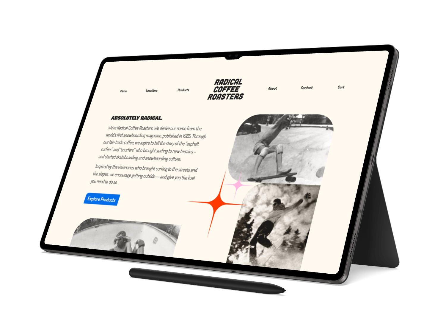 A mockup on tablet of the Radical Coffee Roasters website.